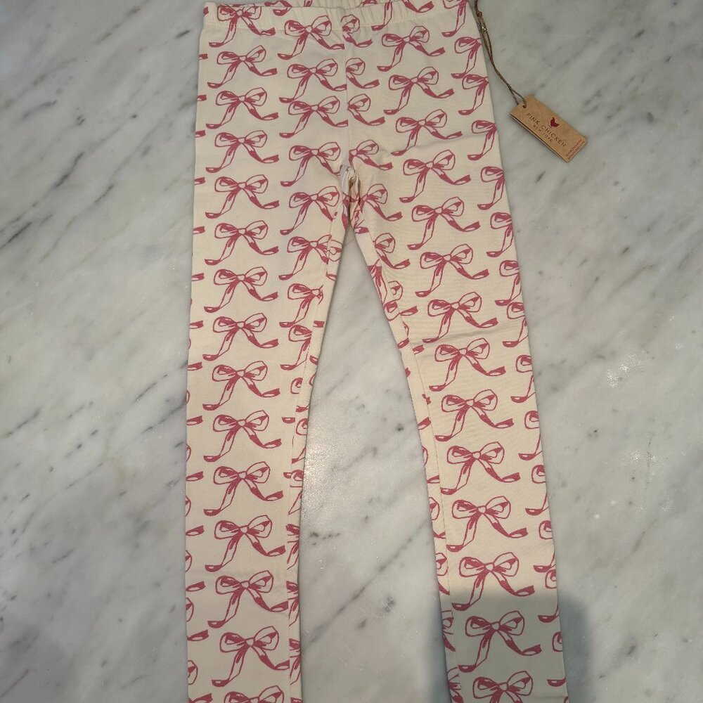Pink Chicken Cream Leggings with Pink Bow Print - Kids